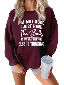 Donna felpa in pile manica lunga casual con stampa slogan divertente top rosso vino