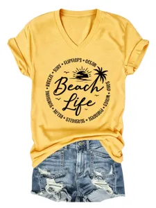 Women casual V-neck short sleeve yellow t-shirt with beach life graphic print summer top