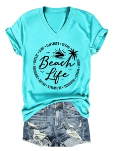 Women turquoise V-neck short sleeve t-shirt beach life graphic casual summer top.