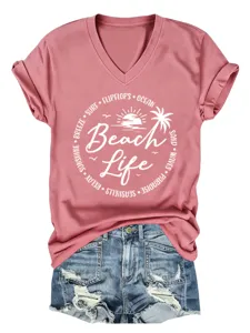 Women Casual Beach Life Print V-Neck Short Sleeve T-Shirt Summer Fashion Top Tee