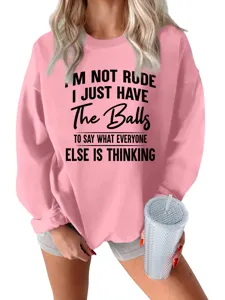 Felpa da donna rosa a maniche lunghe con stampa di testo divertente, stile casual quotidiano.