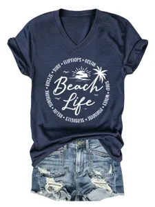 Women casual V-neck short sleeve t-shirt beach life graphic top detail design showcase.