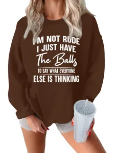 Felpa marrone spessa e calda da donna con stampa slogan divertente pullover casual top.