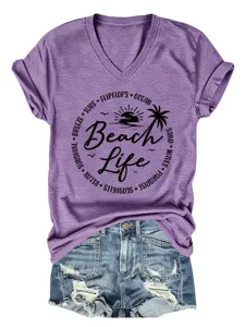 Women's V-neck short sleeve t-shirt with beach life graphic print casual summer top tee.