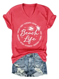 Red V-neck short sleeve t-shirt with beach life graphic print and rolled sleeve cuffs detail