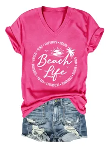Women's Casual V-Neck Short Sleeve T-Shirt Beach Life Summer Graphic Tee Top Pink