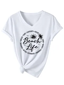 Women's casual V-neck short sleeve T-shirt featuring beach life print and front knot design.
