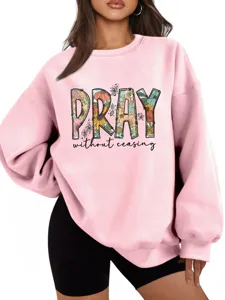 Felpa rosa da donna con stampa floreale di citazione grafica top casual a maniche lunghe.