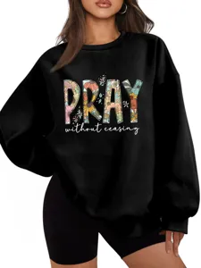 Felpa nera a maniche lunghe da donna con stampa di lettere floreali Pray top casual