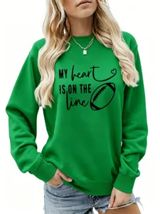 Felpa da donna verde a maniche lunghe con simpatica grafica da football e stampa a cuore top casual.