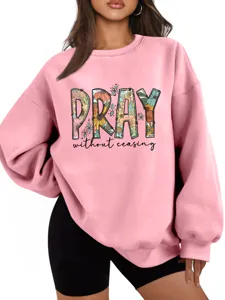 Felpa spessa rosa da donna alla moda con dettaglio di stampa floreale e lettere PRAY.