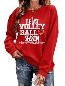 Roter Damen Langarm Sweatshirt mit Volleyball Motiv, bequemer lässiger Pullover Top.