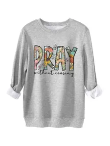 Donna stampa floreale lettere spesso maniche lunghe grigio felpa pullover top casual