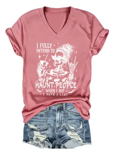 Dames grappige skeleton print korte mouw V-hals t-shirt met denim shorts casual zomer top