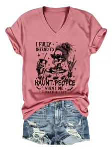 Roze V-hals korte mouw t-shirt voor vrouwen met grappige skelet print casual dagelijkse kleding.