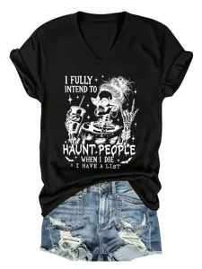 Zwart V-hals korte mouw dames t-shirt met grappige skelet print voor dagelijks gebruik.