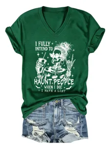 Groen V-hals t-shirt met korte mouwen en grappige skelet graphic print voor dames dagelijks
