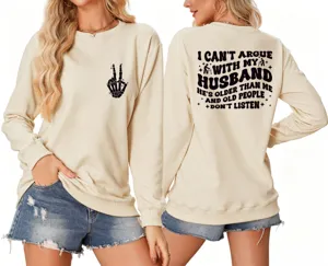 Women casual crewneck long sleeve sweatshirt with funny back slogan print beige top.