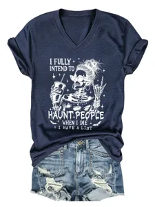 Donkerblauwe dames v-hals korte mouw t-shirt met grappige skeleton grafische print casual top