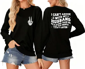 Women casual long sleeve black sweatshirt with funny back text print and skeleton design.