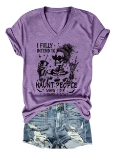 Paarse V-hals korte mouw T-shirt met grappige skelet grafische print en moderne stijl.