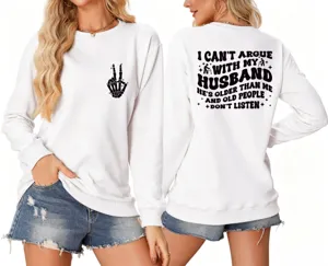 Women casual long sleeve sweatshirt with funny quote back print, loose white pullover top.