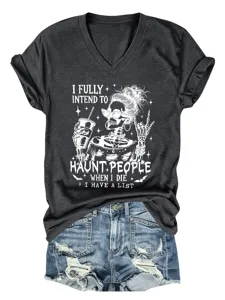 Donkergrijs dames V-hals t-shirt met korte mouwen enge skelettentop casual kleding.