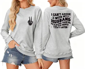 Casual women's grey crewneck sweatshirt with funny slogan back print and skeleton hand chest motif.