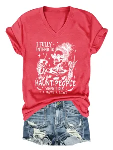 Casual dames V-hals korte mouw t-shirt met een grappig skelet grafisch print ontwerp.
