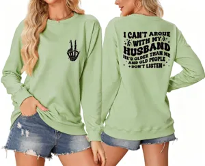 Casual long sleeve green sweatshirt for women, funny letter print back design, cozy pullover top.
