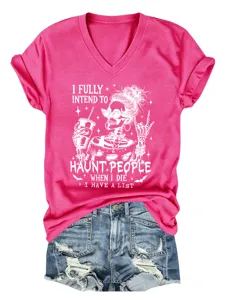 Dames roze v-hals korte mouw t-shirt met grappige skeleton print casual zomer top shirt