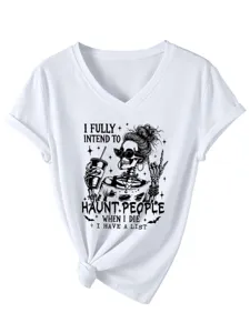 Gedetailleerd overzicht van dames V-hals korte mouw t-shirt met skelet grafische print.