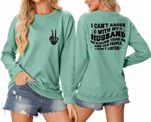 Women mint green long sleeve sweatshirt with funny back print and front peace hand graphic top.