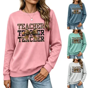 Sudadera de mujer manga larga profesora estampado lazo leopardo pullover casual top