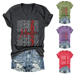 Damen Mode V-Ausschnitt Kurzarm T-Shirt mit glitzerndem Senior Mom 2027 Print Lässiges Oberteil.