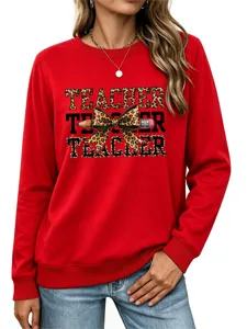 Mujer sudadera roja profesora manga larga con lazo leopardo y gráfico de lápiz top
