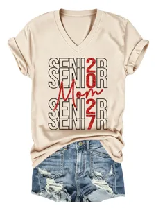 Lässiges, beiges V-Ausschnitt Kurzarm-T-Shirt mit Grafikdruck für Damen, weiches Alltagsoberteil.