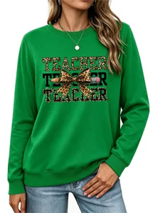 Sudadera Mujer Verde Profesor Leopardo Lazo Lápiz Casual Pullover Manga Larga