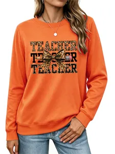 Mujer naranja sudadera manga larga casual profesor lazo leopardo lápiz parte superior