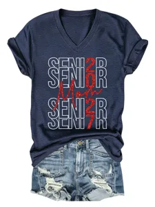 Damen V-Ausschnitt Kurzarm T-Shirt mit Buchstaben Druck Lässiges Sommer Top mit Jeansshorts