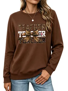 Mujer profesora estampado leopardo lazo lápiz sudadera casual manga larga marrón