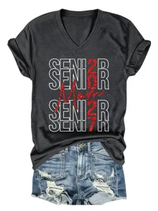 Damen V-Ausschnitt Kurzarm T-Shirt Senior Mom 2027 Grafisches Oberteil Freizeitschnitt Shorts
