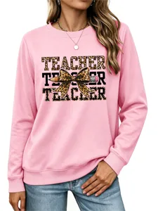 Mujer rosa profesor sudadera leopardo lazo gráfico manga larga casual cuello redondo top