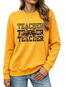 Sudadera mujer amarillo profesor manga larga lazo leopardo jersey casual lindo top.