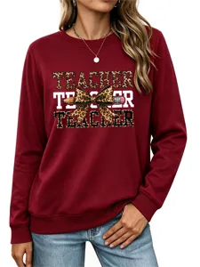 Sudadera burdeos de manga larga para mujer con detalle de lazo de leopardo y lápiz.