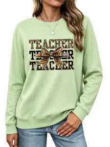 Sudadera de manga larga para mujer con estampado de leopardo lazo profesor jersey casual top