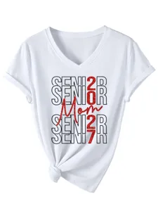 Damen weißes V-Ausschnitt Kurzarm T-Shirt mit Senior 2027 Mom Grafikdruck Freizeitshirt