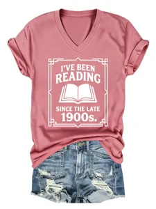 Pink V-neck short sleeve t-shirt for women, featuring a reading graphic print detail.