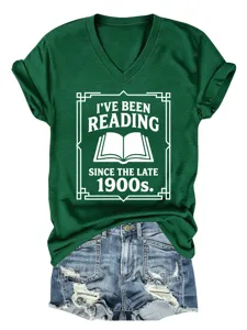 Women vintage reading graphic V-neck short sleeve casual dark green cotton blend t-shirt