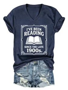 Women V-Neck Short Sleeve Casual Graphic Tee Shirt Vintage Letter Print Top Daily Wear
